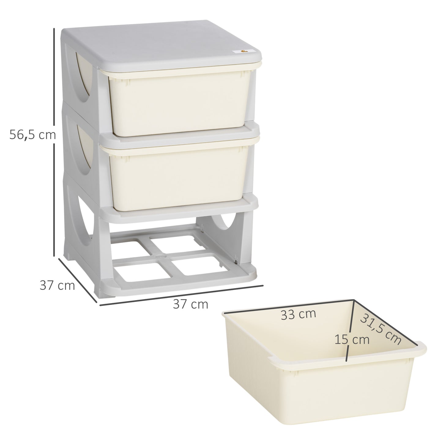 HOMCOM Torre de Almacenamiento Infantil con 3 Cajones Organizador de Juguetes para Niños +3 Años Gran Almacenaje con Asas para Juguetes Ropa Libros 37x37x56,5 cm Crema