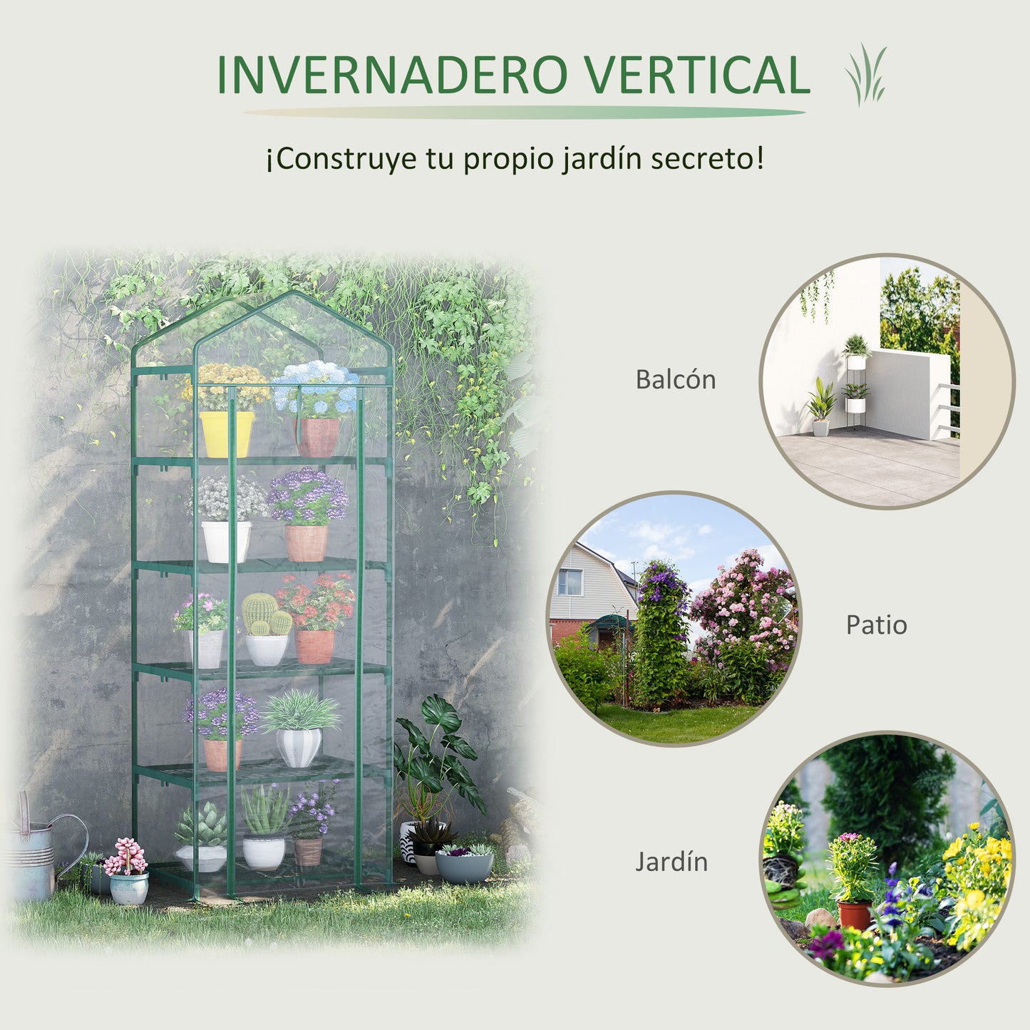 Outsunny Invernadero de Jardín Invernadero de Terraza con 5 Estantes de Alambre Tipo Caseta de Acero Vivero Casero para Cultivo de Plantas Flores Verduras 69x49x193 cm Transparente