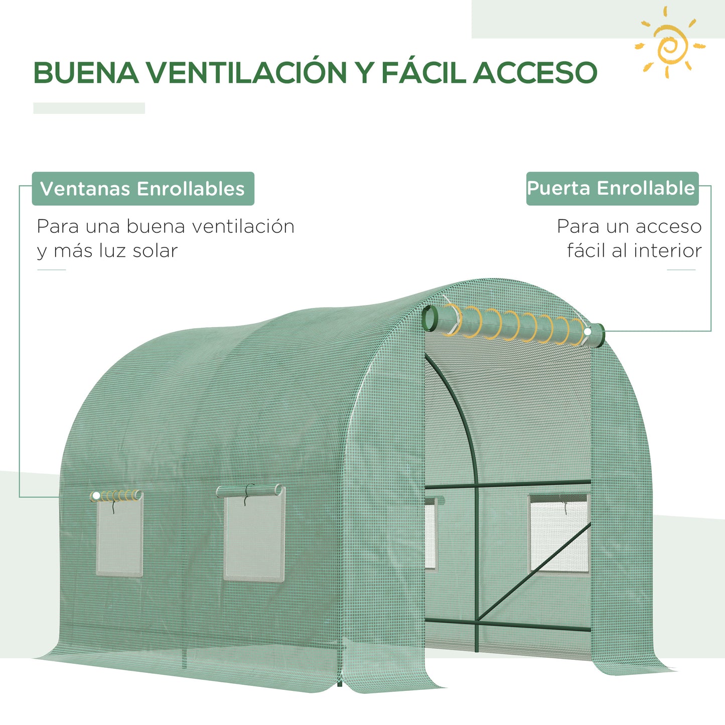 Outsunny Cubierta de Invernadero de Túnel 250x200x200 cm Cubierta de Repuesto Invernadero Polietileno con 4 Ventanas y Puerta Enrollable Protección de Plantas para Jardín Verde