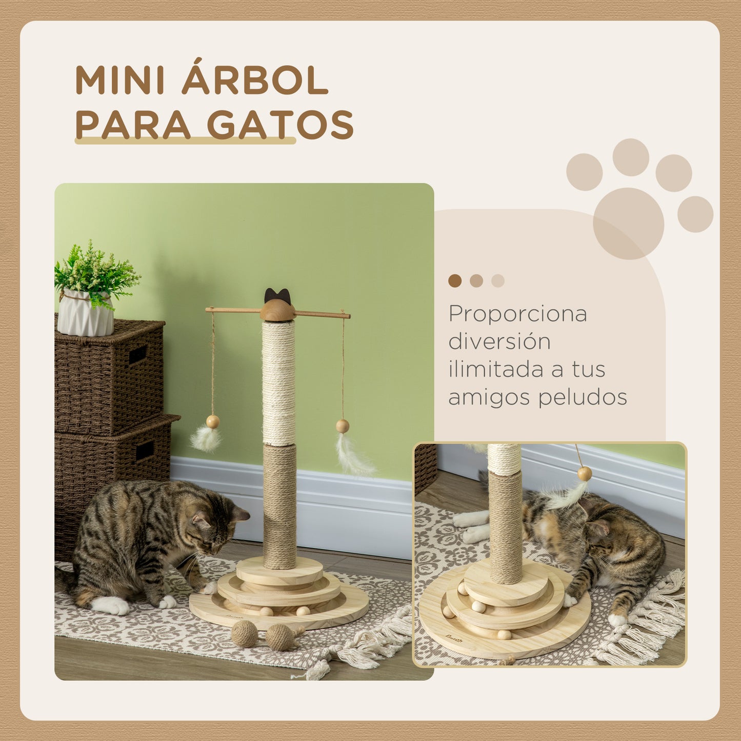 PawHut Árbol Rascador para Gatos de Madera Altura 56 cm Torre para Gatos Centro de Actividades para Gatitos con Poste de Yute y Sisal Bolas para Jugar Ø32x56 cm Natural