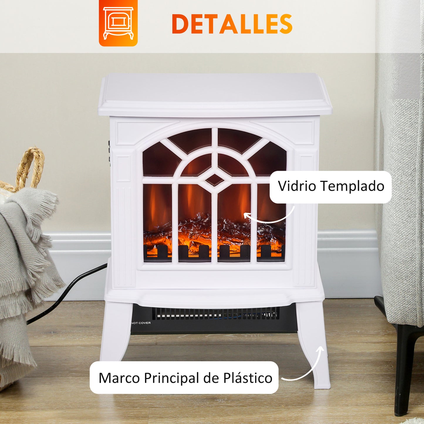 HOMCOM Chimenea Eléctrica 1000 W/2000 W Chimenea Decorativa de Pie con Temperatura Ajustable LED Llamas y Protección Sobrecalentamiento para 15-20 ㎡ 36,5x24x46 cm Blanco