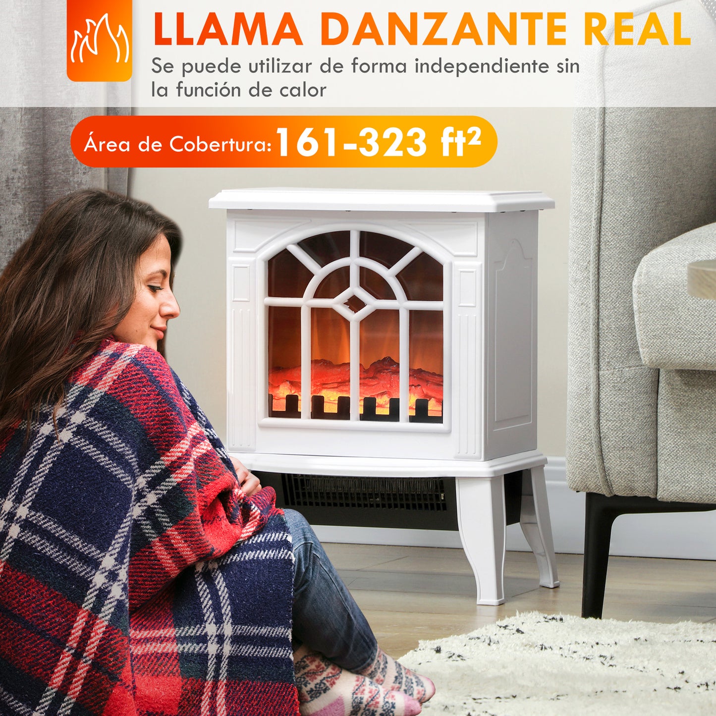 HOMCOM Chimenea Eléctrica 1000 W/2000 W Chimenea Decorativa de Pie con Temperatura Ajustable LED Llamas y Protección Sobrecalentamiento para 15-20 ㎡ 36,5x24x46 cm Blanco