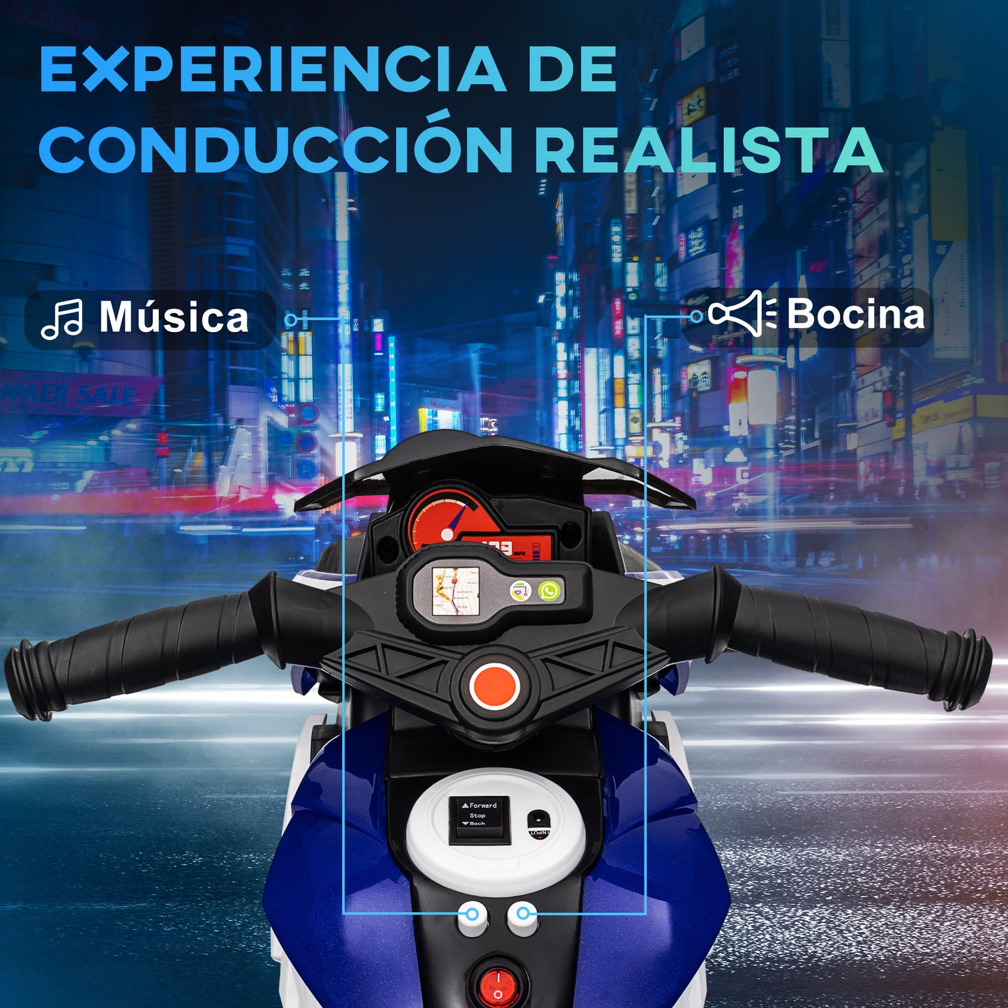 HOMCOM Moto Eléctrica Infantil con 3 Ruedas Trimoto para Niños de +3 Años con Batería 6V Recargable Funciones de Música Bocina Faros 86x42x52 cm Negro y Azul