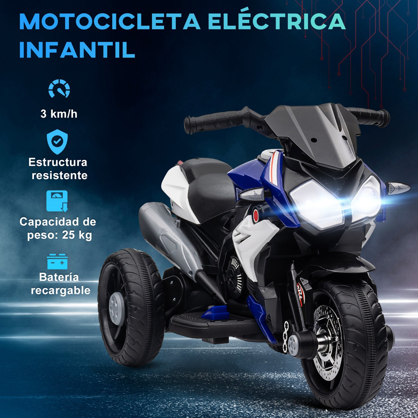 HOMCOM Moto Eléctrica Infantil con 3 Ruedas Trimoto para Niños de +3 Años con Batería 6V Recargable Funciones de Música Bocina Faros 86x42x52 cm Negro y Azul