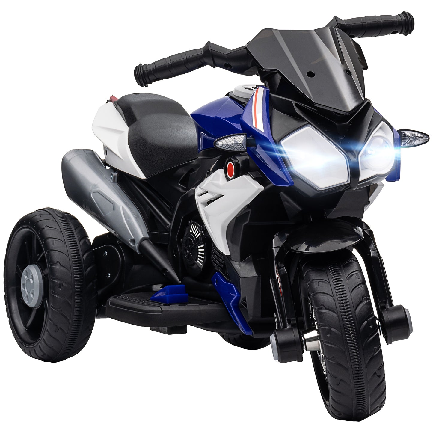 HOMCOM Moto Eléctrica Infantil con 3 Ruedas Trimoto para Niños de +3 Años con Batería 6V Recargable Funciones de Música Bocina Faros 86x42x52 cm Negro y Azul