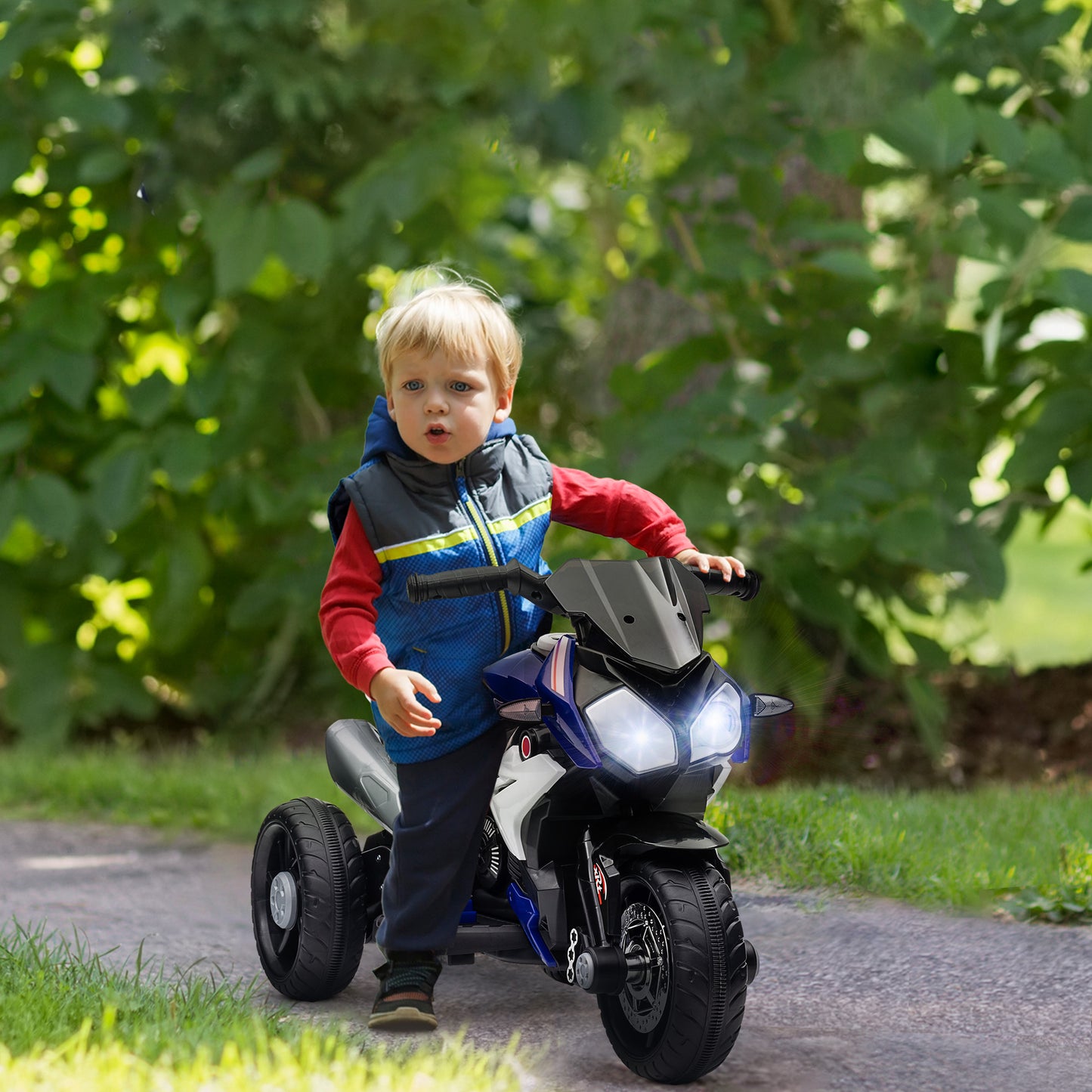 HOMCOM Moto Eléctrica Infantil con 3 Ruedas Trimoto para Niños de +3 Años con Batería 6V Recargable Funciones de Música Bocina Faros 86x42x52 cm Negro y Azul