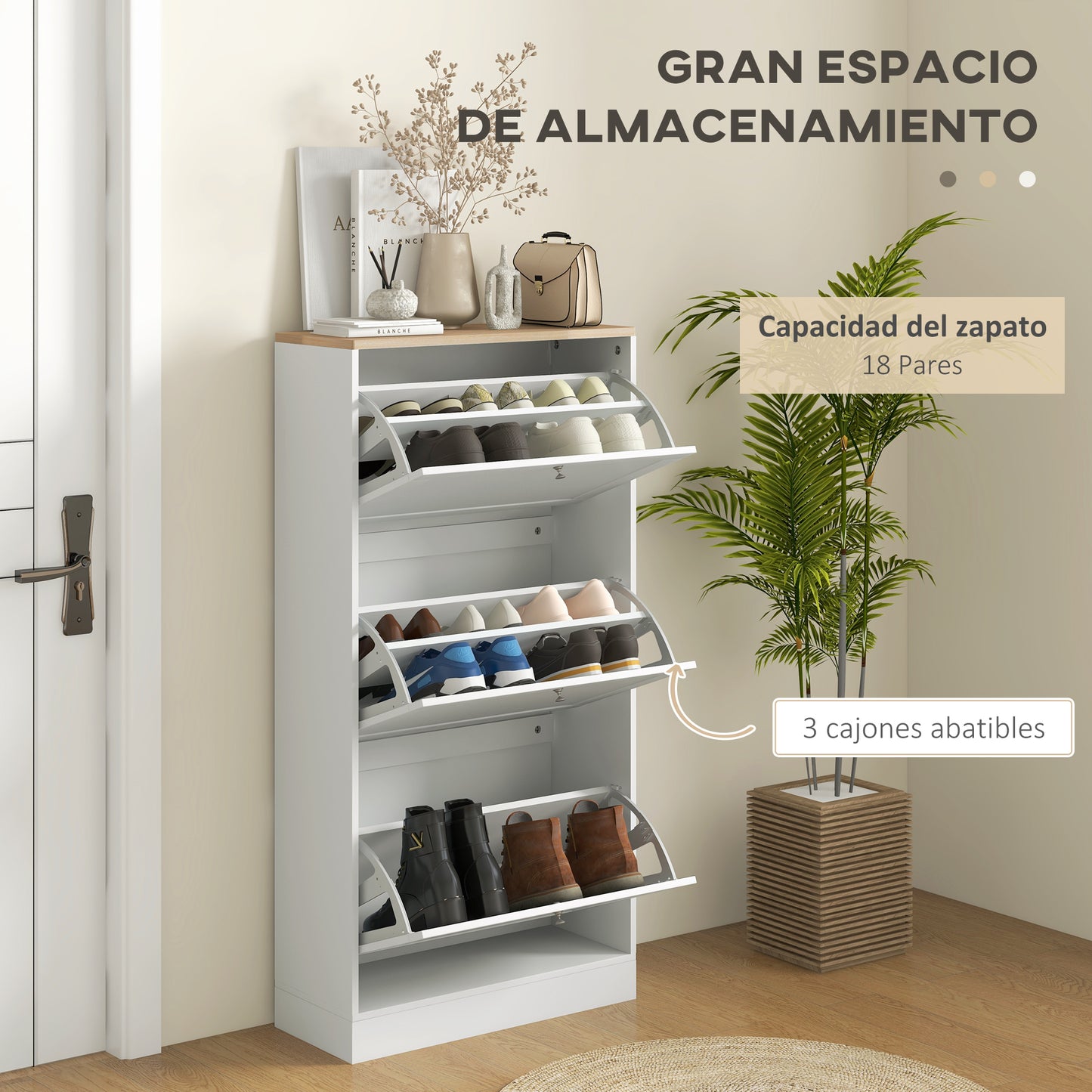 HOMCOM Mueble Zapatero de Recibidor Armario Zapatero Moderno con 3 Cajones Abatibles y Estantes Ajustables para 18 Pares de Zapatos Zapatero Estrecho para Pasillo Entrada 60x23,5x115 cm Blanco