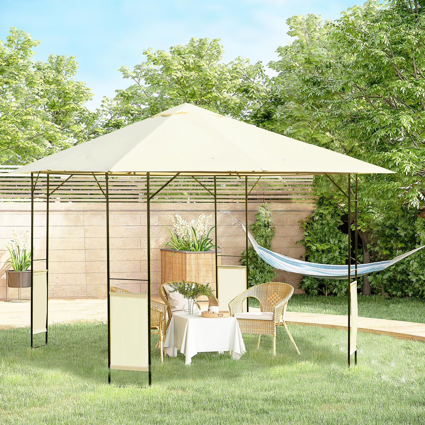 Outsunny Cenador de Jardín 3x3x2,6 m Pabellón de Exterior Gazebo con Marco de Acero y 8 Orificios de Drenaje Impermeable para Patio Crema