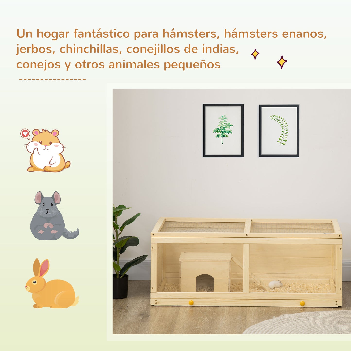 PawHut Jaula para Hámster de Madera 100x58x38 cm Casa para Roedores con Tapa Abatible Panel de Acrílico Bandeja Extraíble y Cabaña para Conejos Chinchillas Natural