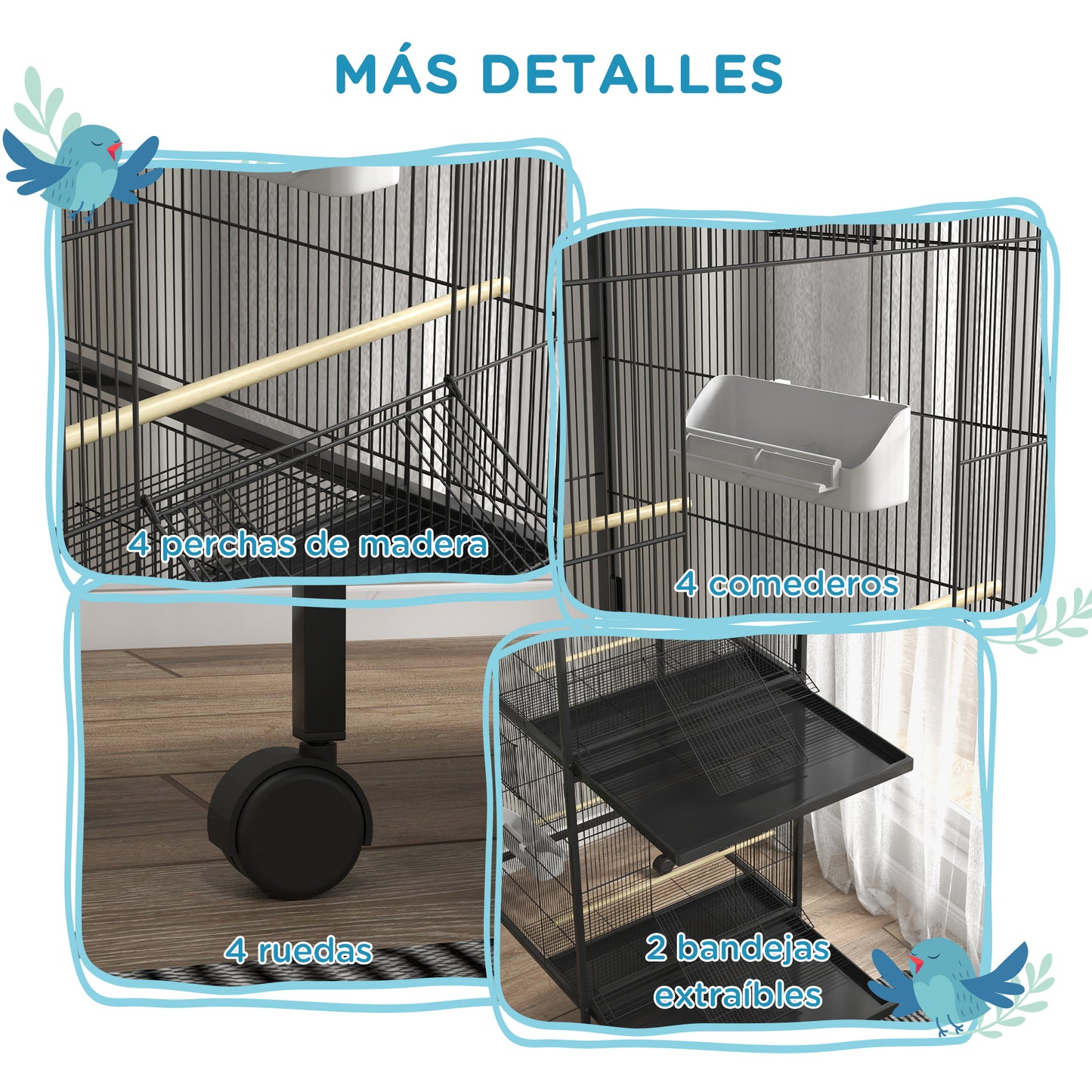 PawHut Jaula para Pájaros 2 en 1 Grande de 2 Pisos Convertible en Sola Pajarera con Ruedas 4 Comederos 4 Perchas y Bandejas Extraíbles para Canarios Loros 78x75x168 cm Negro