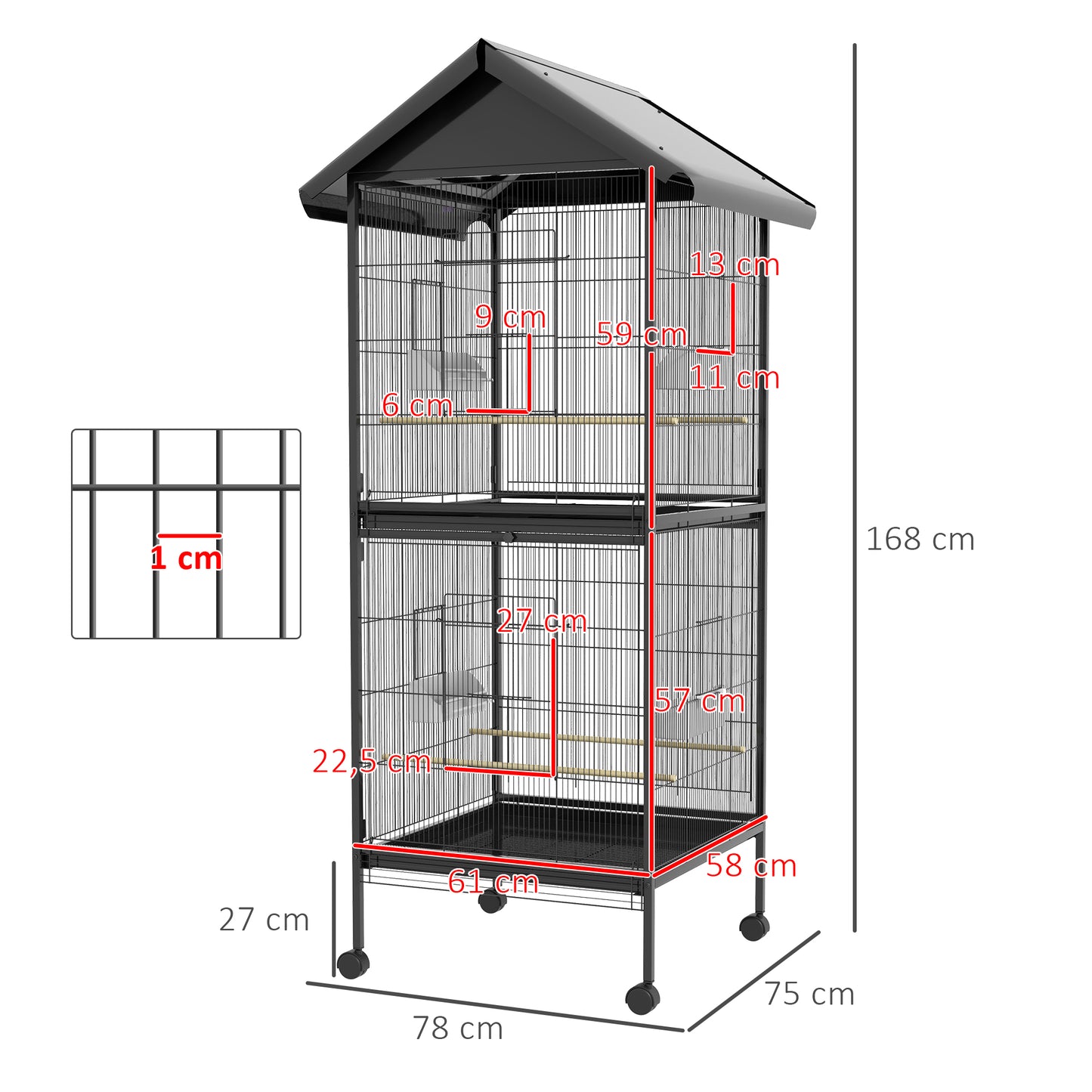 PawHut Jaula para Pájaros 2 en 1 Grande de 2 Pisos Convertible en Sola Pajarera con Ruedas 4 Comederos 4 Perchas y Bandejas Extraíbles para Canarios Loros 78x75x168 cm Negro