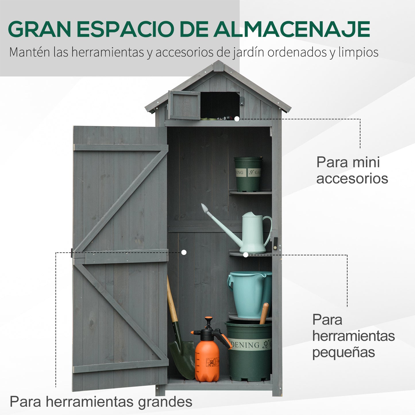 Outsunny Armario de Jardín de Madera 77x54,2x179 cm 0,3 m² Cobertizo para Almacenaje de Herramientas con 3 Estantes y 2 Puertas con Cerrojo para Patio Terraza Gris y Verde