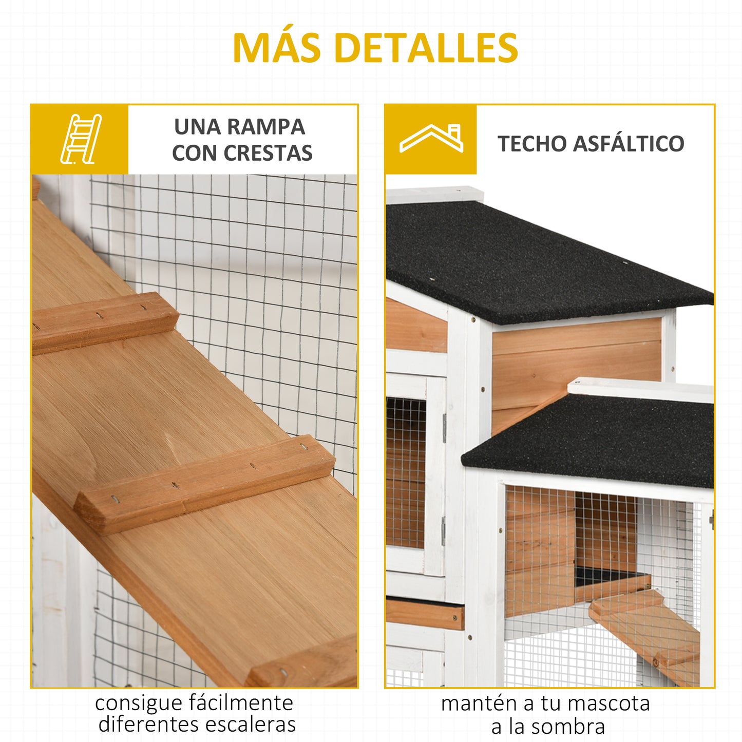 PawHut Conejera de Madera 157,4x53x99,5 cm Jaula para Conejos Grande con Ruedas Techo Asfáltico Bandeja Extraíble y Rampa para Exterior Natural