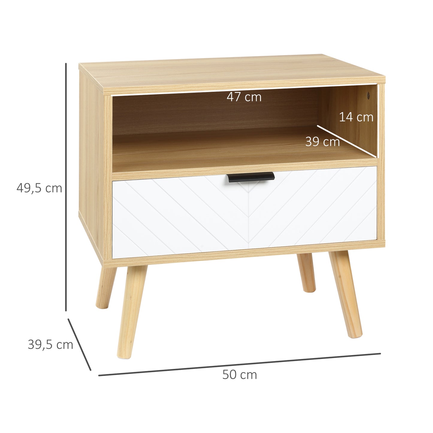 HOMCOM Mesita de Noche Mesa Auxiliar con 1 Cajón y 1 Estante Abierto para Dormitorio Salón Oficina Estilo Moderno 50x39,5x49,5 cm Madera Natural