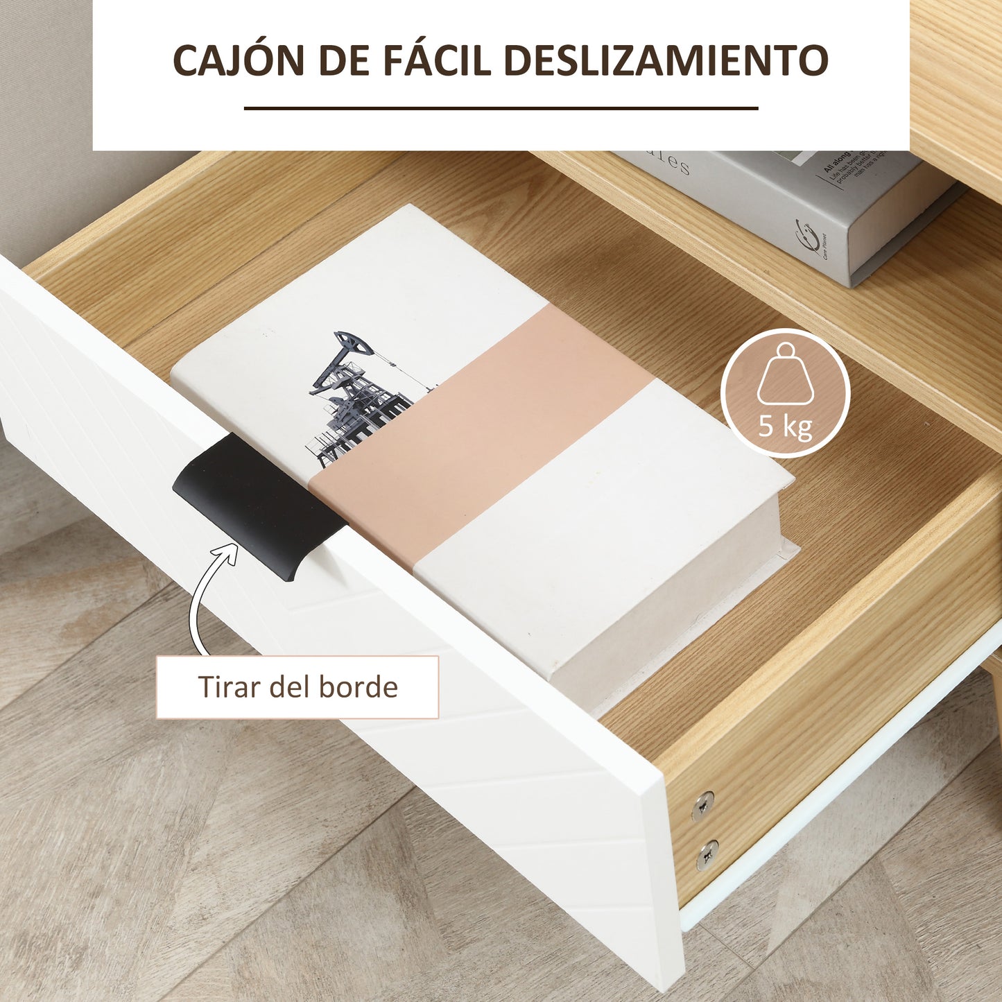 HOMCOM Mesita de Noche Mesa Auxiliar con 1 Cajón y 1 Estante Abierto para Dormitorio Salón Oficina Estilo Moderno 50x39,5x49,5 cm Madera Natural