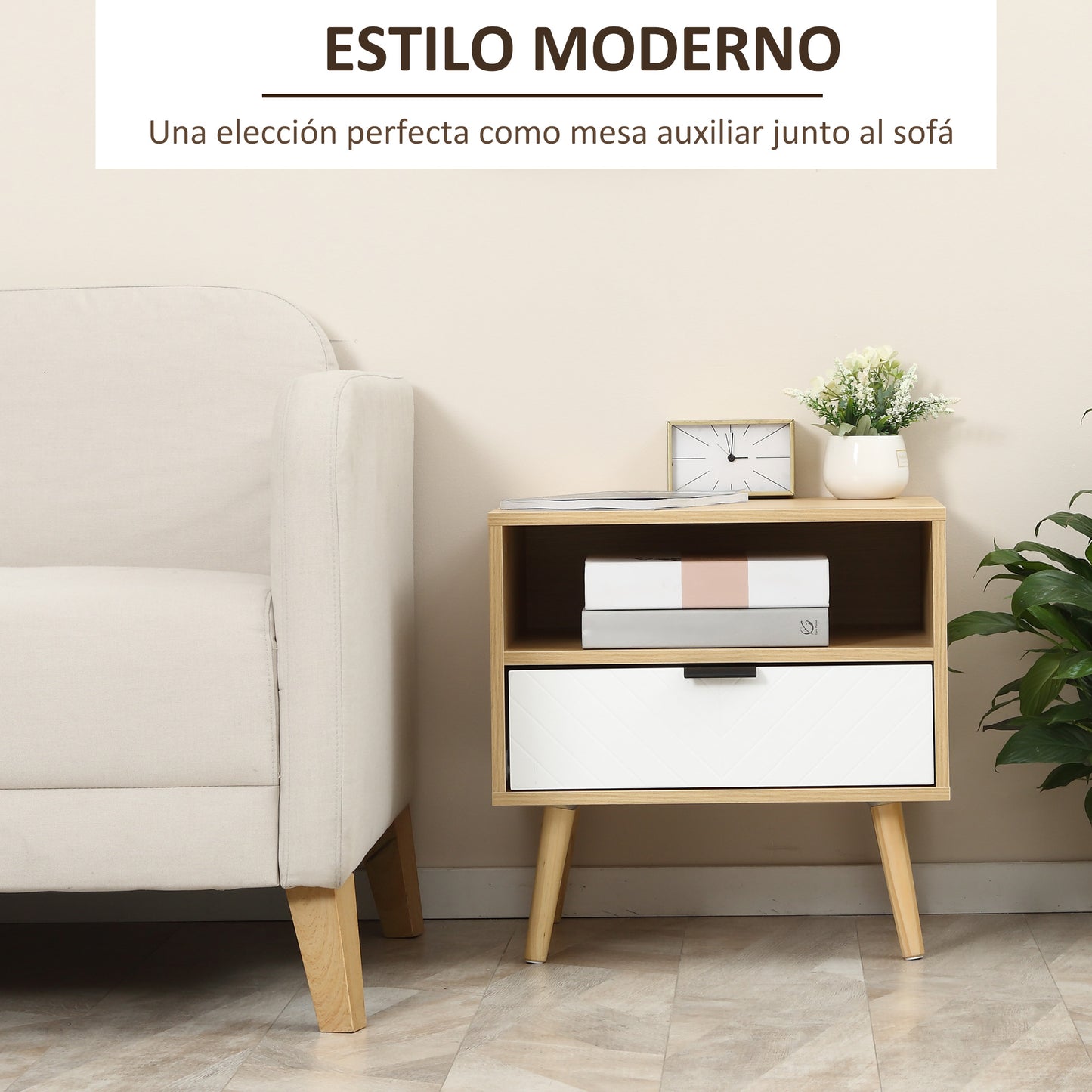 HOMCOM Mesita de Noche Mesa Auxiliar con 1 Cajón y 1 Estante Abierto para Dormitorio Salón Oficina Estilo Moderno 50x39,5x49,5 cm Madera Natural