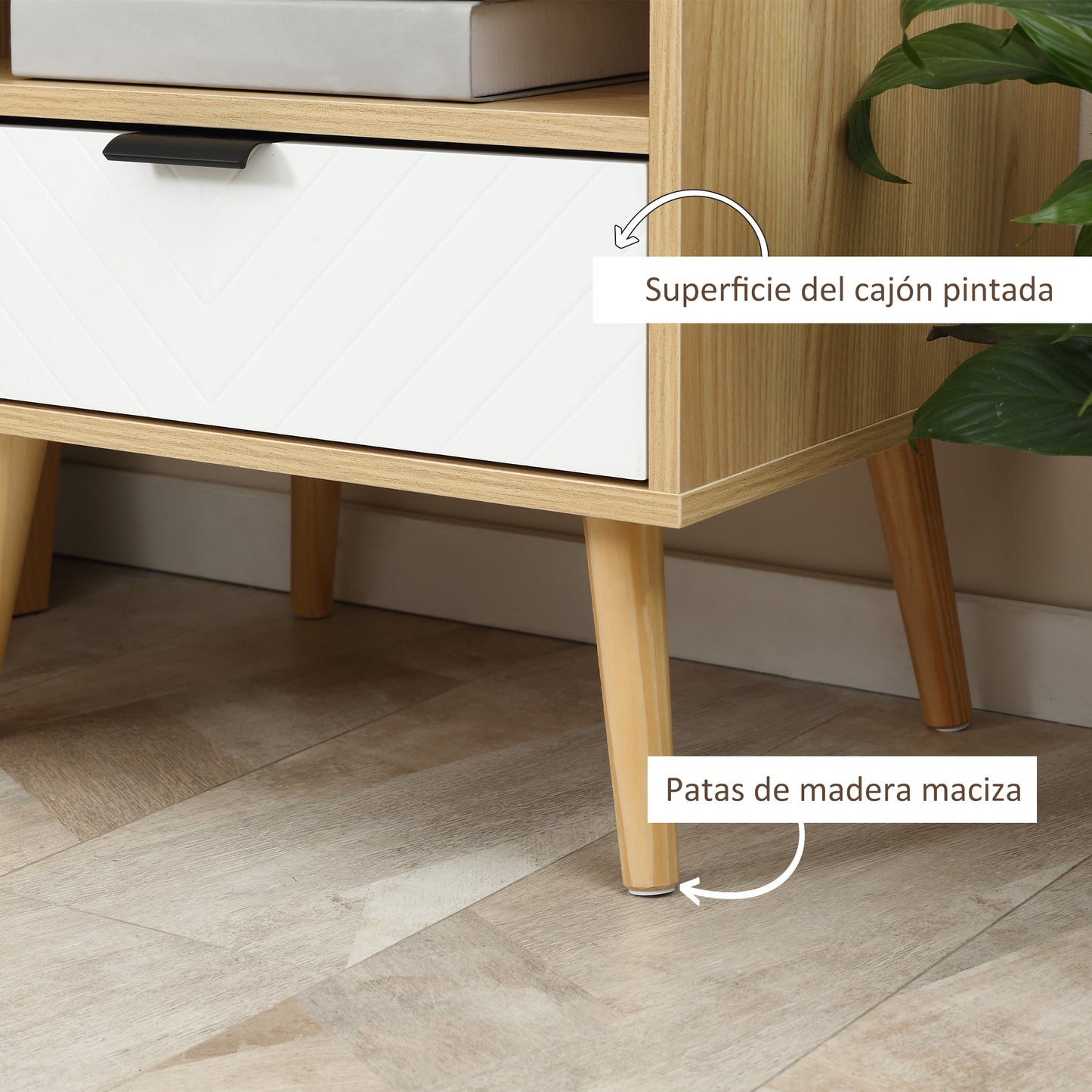 HOMCOM Mesita de Noche Mesa Auxiliar con 1 Cajón y 1 Estante Abierto para Dormitorio Salón Oficina Estilo Moderno 50x39,5x49,5 cm Madera Natural