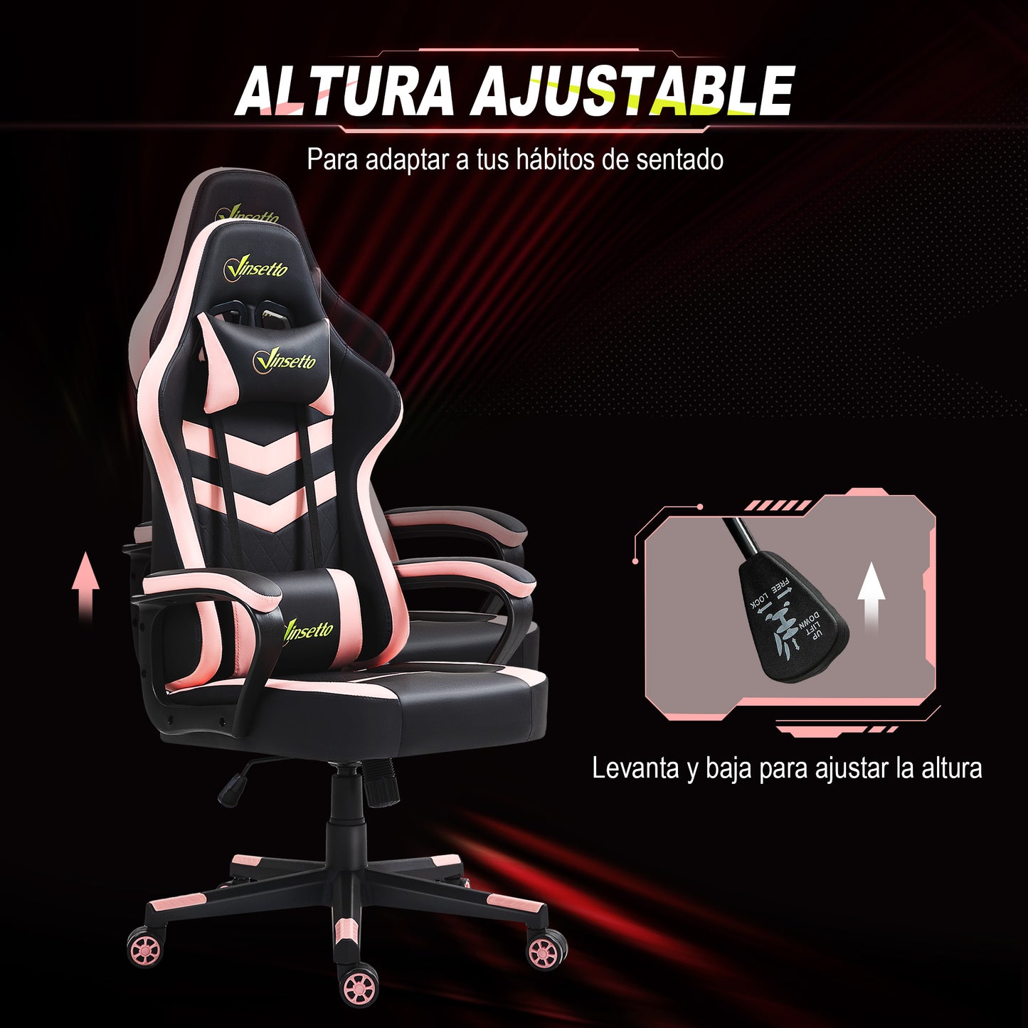 Vinsetto Silla Gaming Silla Gamer Basculante con Altura Ajustable Giratoria Reposacabezas y Lumbar Desmontable Silla de Oficina Estudio Rosa