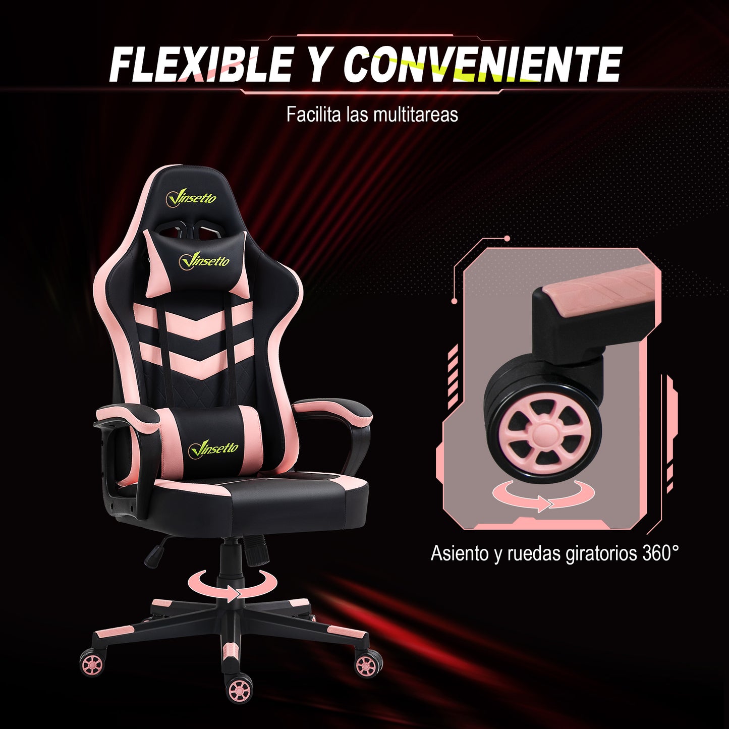 Vinsetto Silla Gaming Silla Gamer Basculante con Altura Ajustable Giratoria Reposacabezas y Lumbar Desmontable Silla de Oficina Estudio Rosa