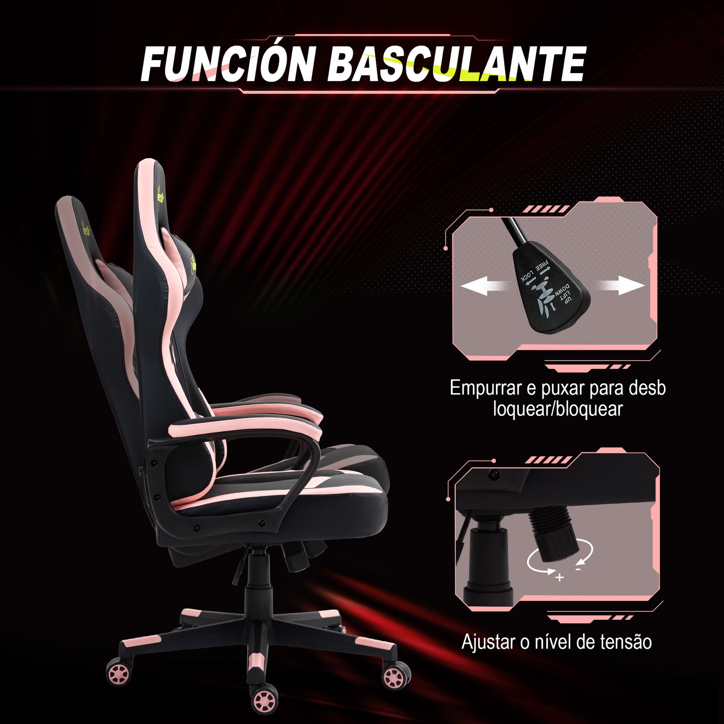 Vinsetto Silla Gaming Silla Gamer Basculante con Altura Ajustable Giratoria Reposacabezas y Lumbar Desmontable Silla de Oficina Estudio Rosa