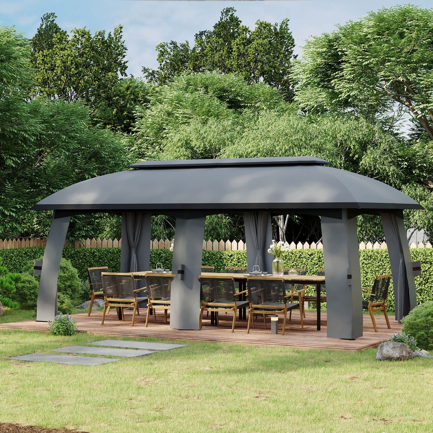 Outsunny Cenador de Jardín 3x6 m Gazebo Exterior con Doble Techo y 6 Mosquiteras con Cremallera y Marco de Metal para Fiestas Eventos Patio Gris Oscuro