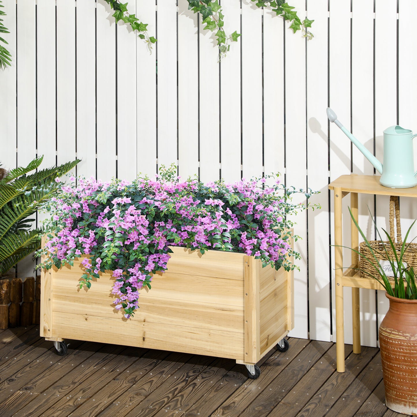 Outsunny Jardinera de Madera con Ruedas Macetero de Jardín Jardinera de Cultivo con Orificios de Drenaje y Tela no Tejida para Cultivo Flores Plantas en Exterior Balcón Terraza 89x48x47 cm Natural