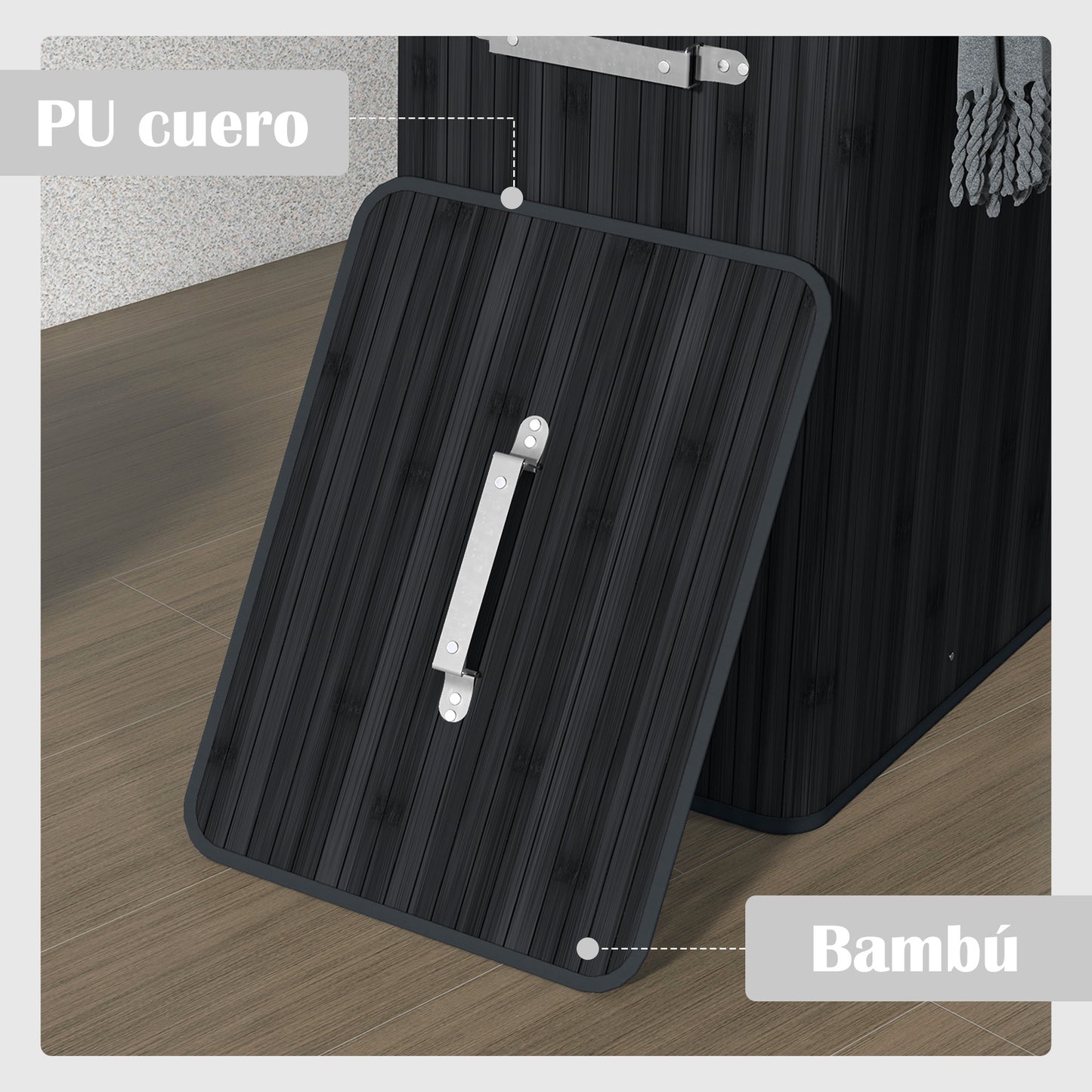 HOMCOM Cesto para Ropa Sucia Plegable de Bambú Cesto para Ropa Sucia con Tapa Asas y Bolsa Extraíble para Baño 40x30x60 cm Negro