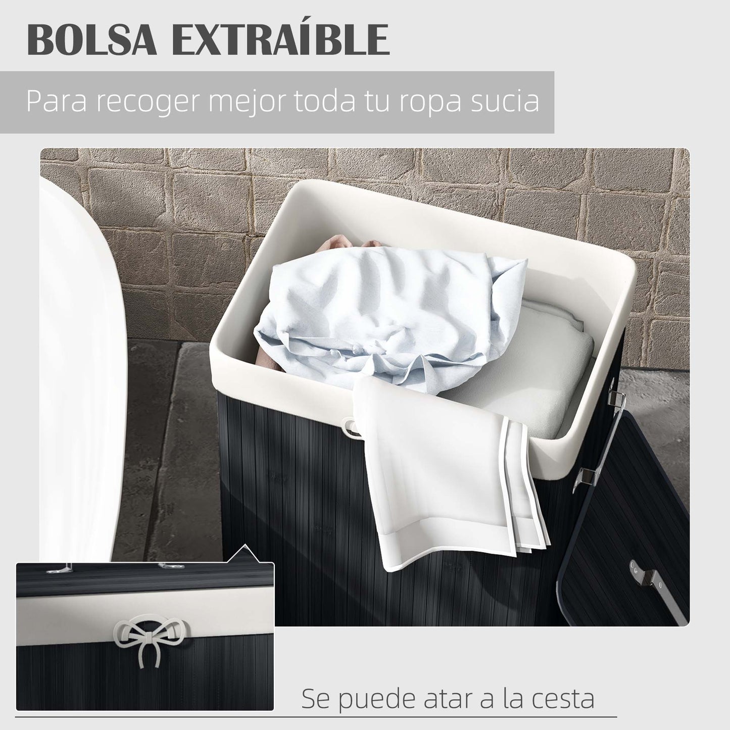 HOMCOM Cesto para Ropa Sucia Plegable de Bambú Cesto para Ropa Sucia con Tapa Asas y Bolsa Extraíble para Baño 40x30x60 cm Negro