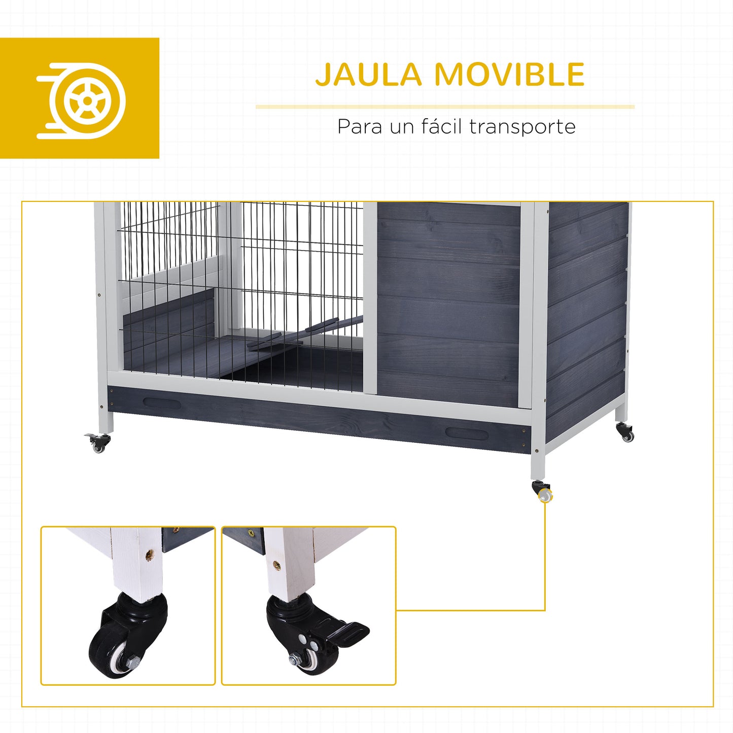 PawHut Jaula para Conejos de Madera 90x53x59 cm Conejera para Mascotas Pequeñas Portátil Interior con Techo Abrible Rampa Bandeja Extraíble para Conejillos de Indias Gris y Blanco