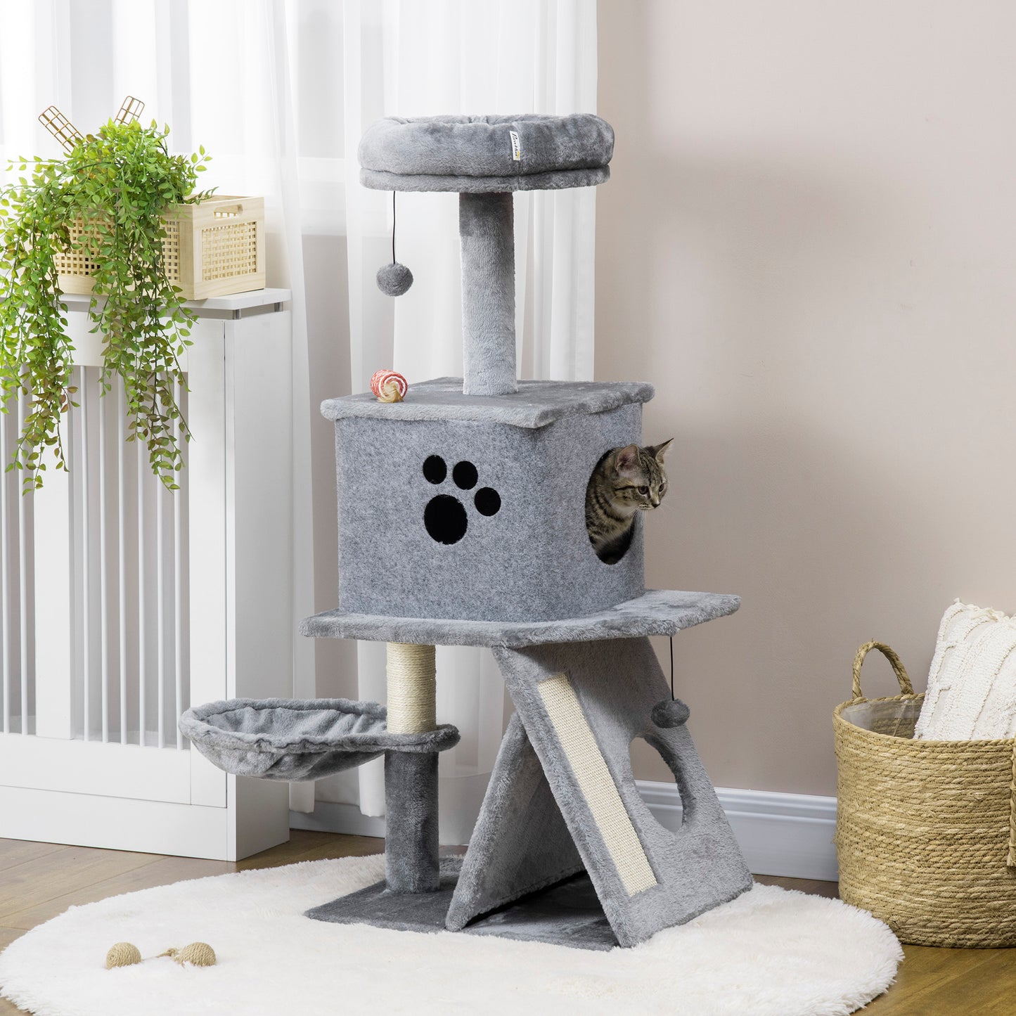 PawHut Árbol Rascador para Gatos Altura 111 cm Torre para Gatos con Cama Cueva Hamaca Bola Colgante Postes y Rampa de Sisal 50x40x111 cm Gris