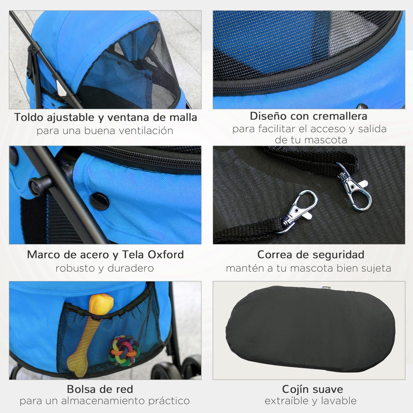 PawHut Carrito para Perros Plegable Cochecito para Mascotas Cochecito para Perros Pequeños con Ventanas de Malla Cojín Lavable Correas de Seguridad y Marco de Acero Azul