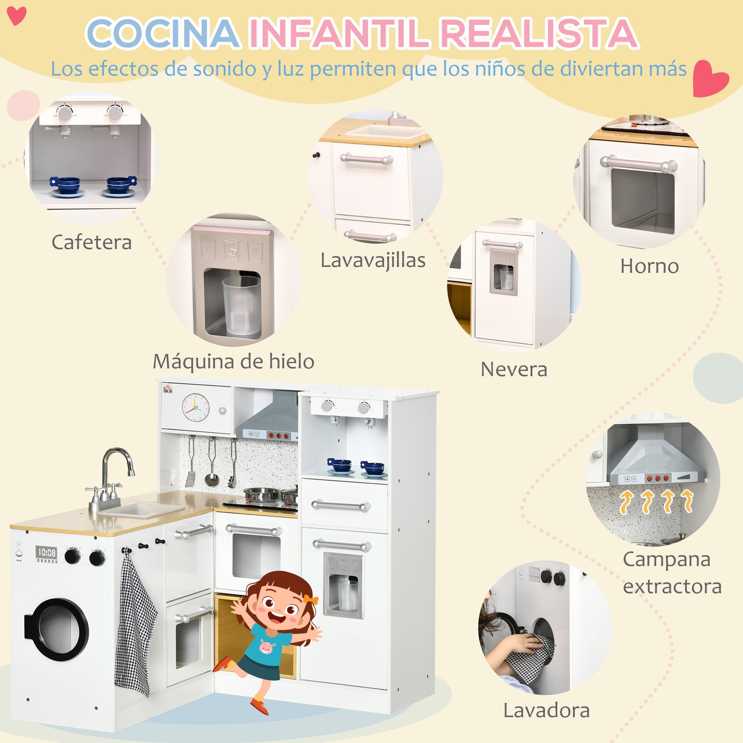 HOMCOM Cocina de Juguete de Madera para Niños de +3 Años Cocinita de Juguete con Luz Sonidos Taburete Cafetera Máquina de Hielo Lavadora Horno Refrigerador Fregadero 78,5x29x81 cm Blanco