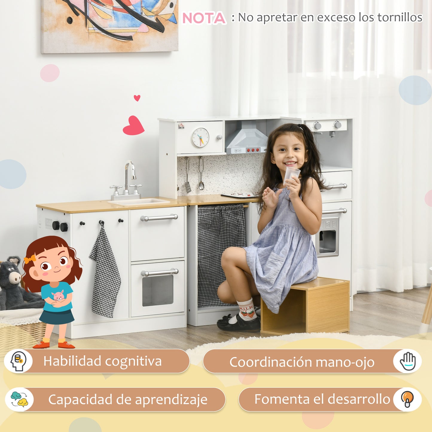 HOMCOM Cocina de Juguete de Madera para Niños de +3 Años Cocinita de Juguete con Luz Sonidos Taburete Cafetera Máquina de Hielo Lavadora Horno Refrigerador Fregadero 78,5x29x81 cm Blanco