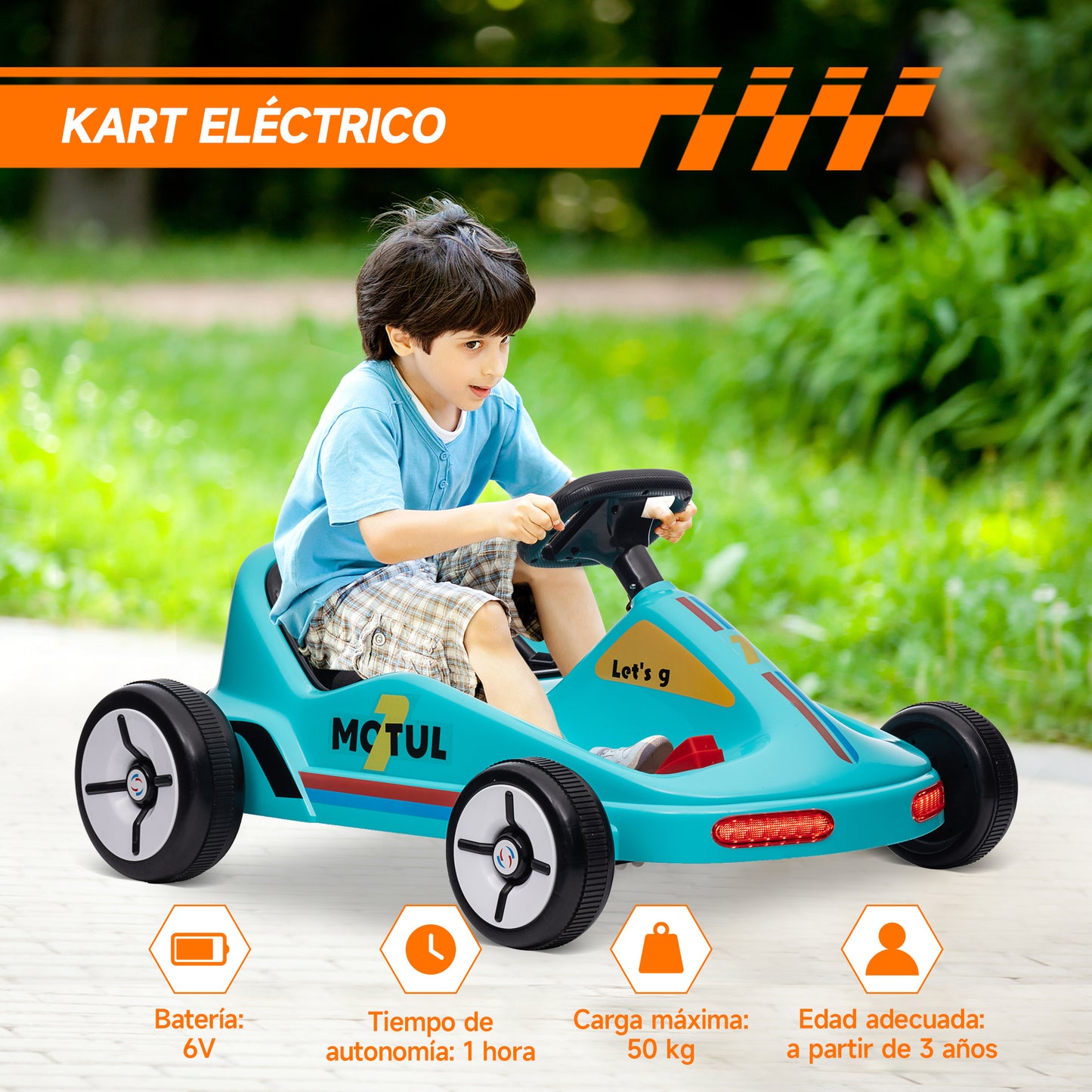 AIYAPLAY Kart Eléctrico para Niños de +3 Años Kart Eléctrico 6 V con Música Luz Bocina Cinturón de Seguridad Go Kart Carga 50 kg Azul