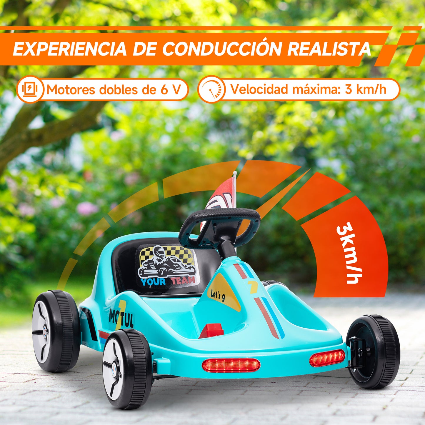 AIYAPLAY Kart Eléctrico para Niños de +3 Años Kart Eléctrico 6 V con Música Luz Bocina Cinturón de Seguridad Go Kart Carga 50 kg Azul