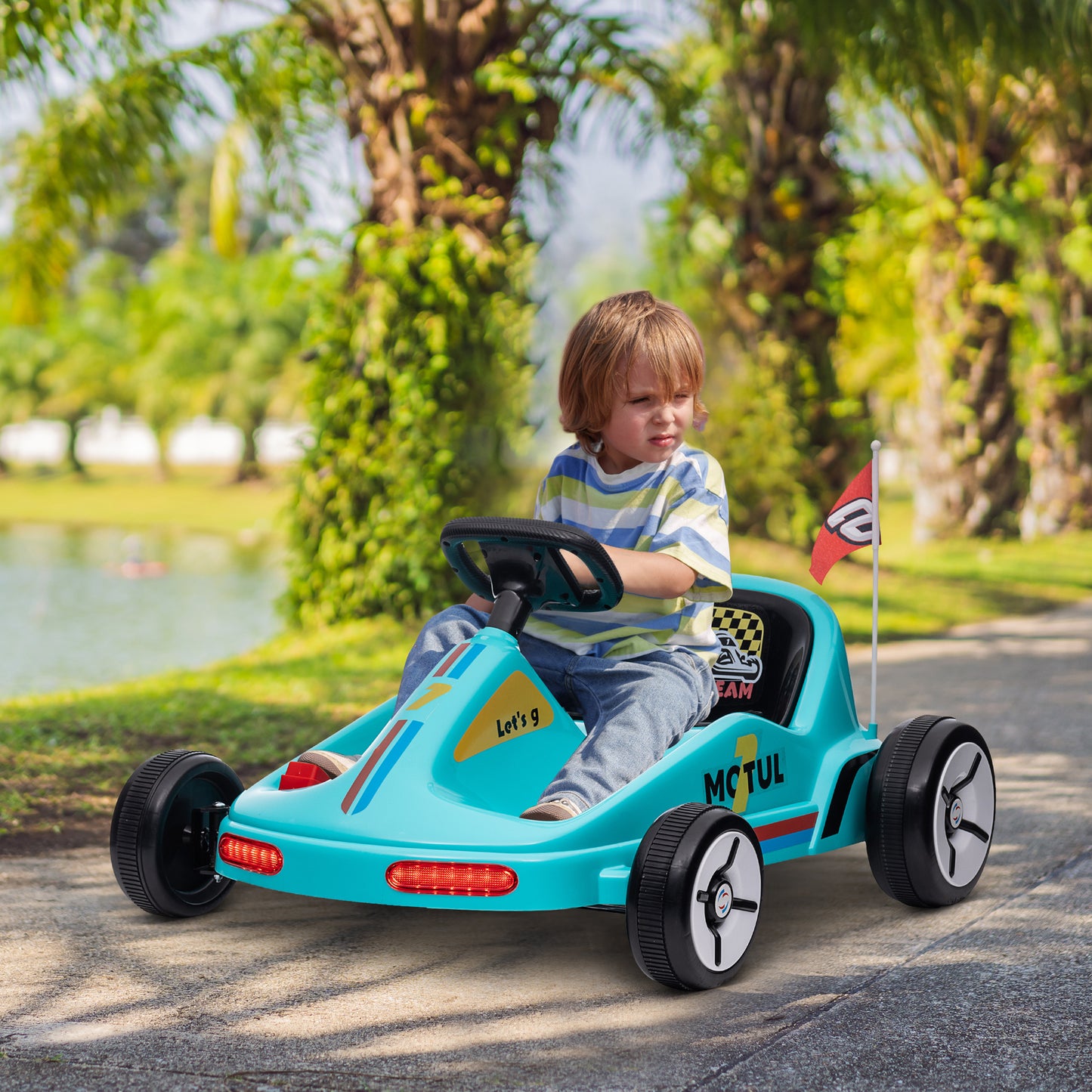 AIYAPLAY Kart Eléctrico para Niños de +3 Años Kart Eléctrico 6 V con Música Luz Bocina Cinturón de Seguridad Go Kart Carga 50 kg Azul