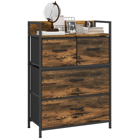 HOMCOM Mueble Organizador Cajonera de Tela con Cajones Plegables y Marco de Acero Estilo Industrial para Salón Recibidor Dormitorio 60x29x85 cm Marrón Rústico