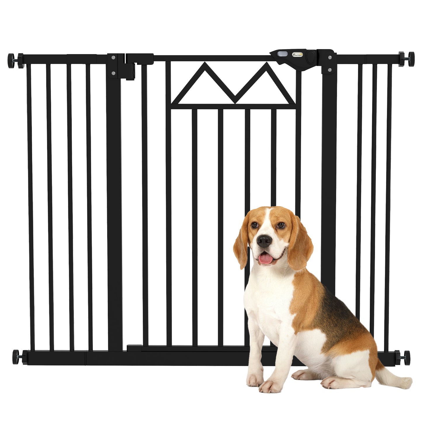 PawHut Barrera de Seguridad Extensible Barrera para Mascotas con Cierre Automático Sistema de Doble Bloqueo y 2 Extensiones para Puerta Pasillo Escalera 74-100x76 cm Negro