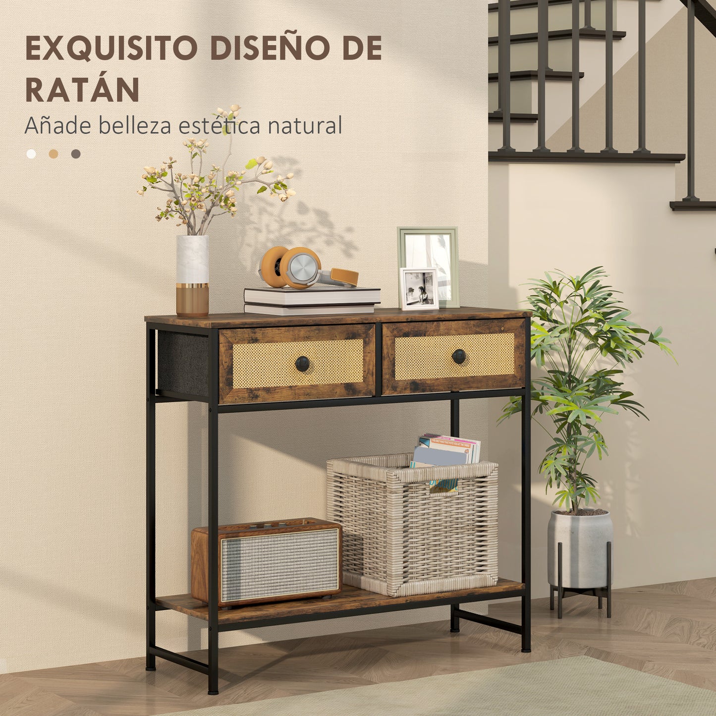 HOMCOM Mesa Consola Mueble para Recibidor con Estante Abierto y 2 Cajones Frontales de Ratán Consola para Recibidor Entrada Pasillo 80x30x75 cm Marrón Rústico