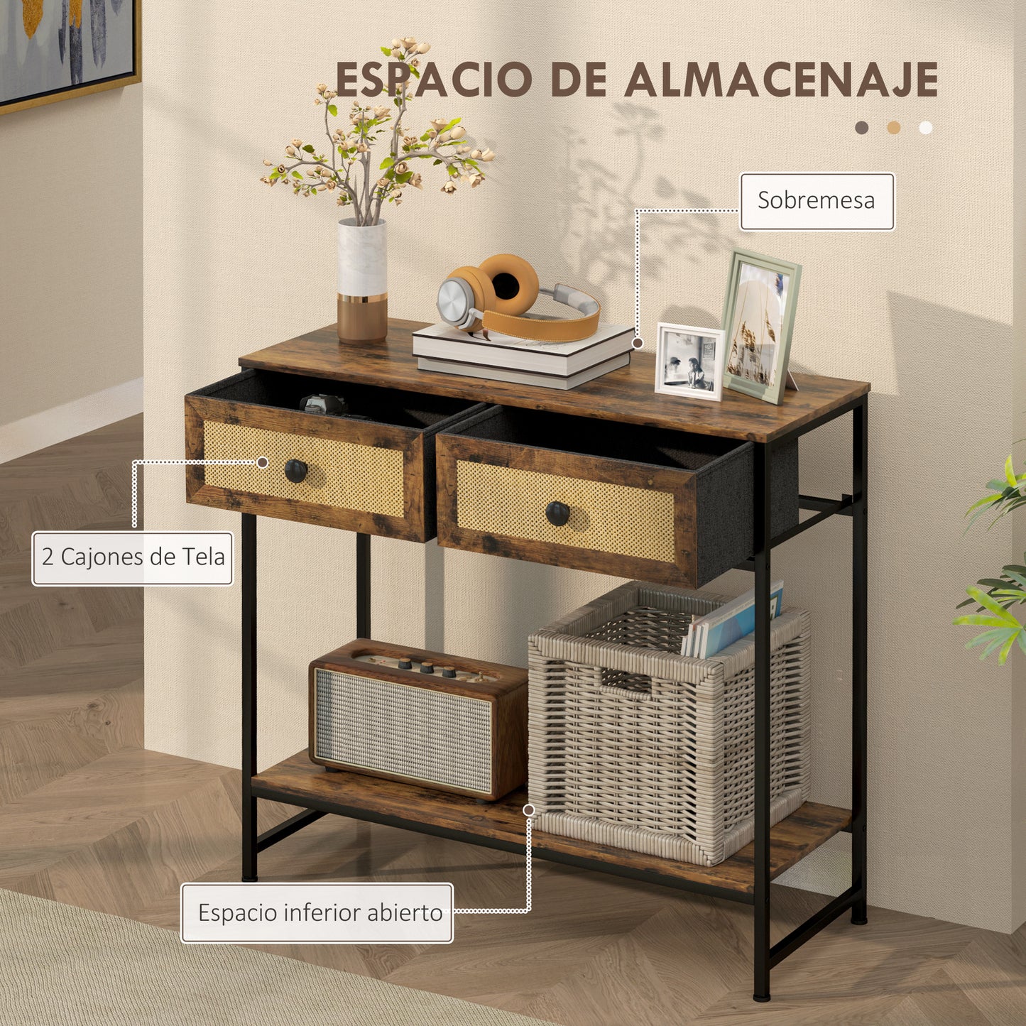 HOMCOM Mesa Consola Mueble para Recibidor con Estante Abierto y 2 Cajones Frontales de Ratán Consola para Recibidor Entrada Pasillo 80x30x75 cm Marrón Rústico