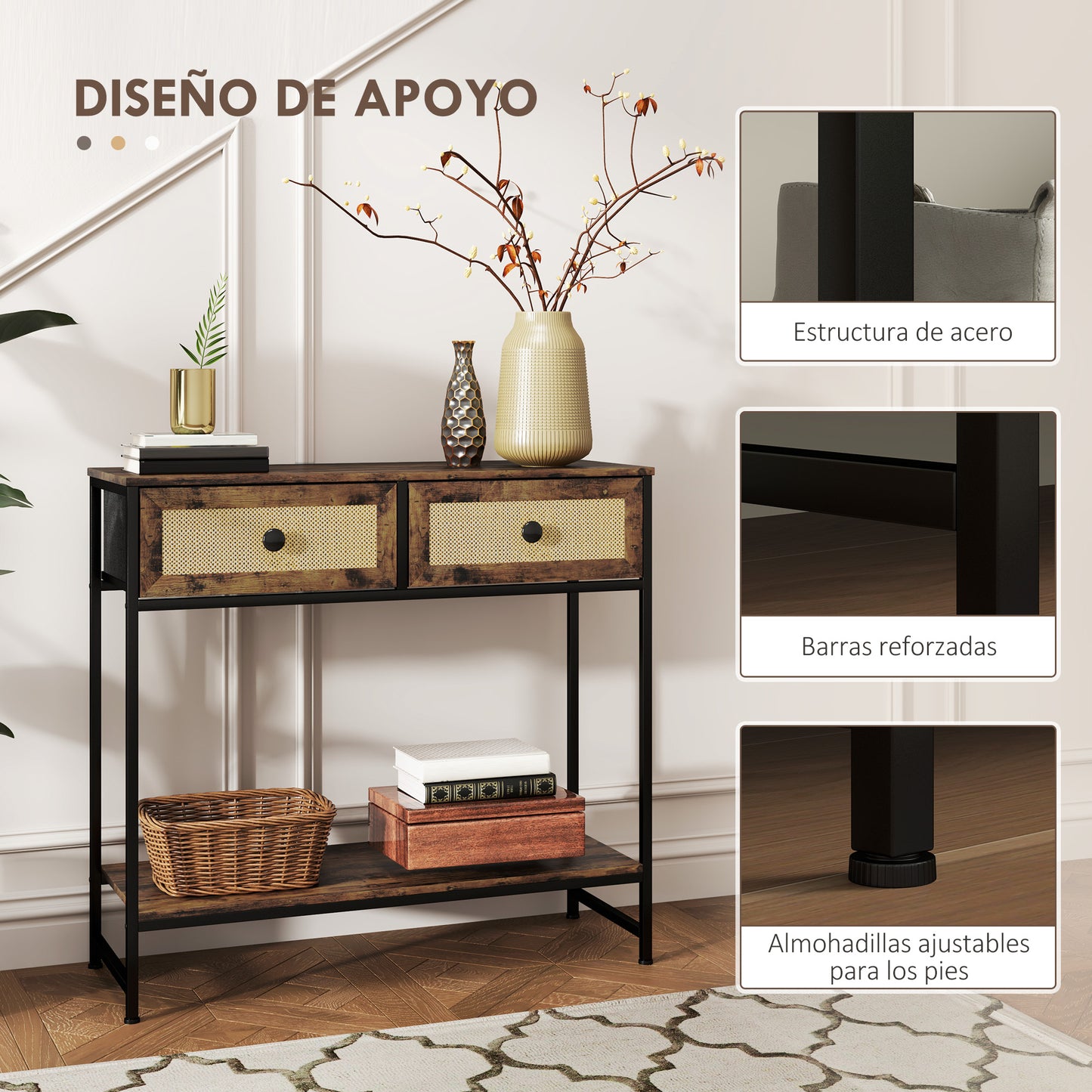 HOMCOM Mesa Consola Mueble para Recibidor con Estante Abierto y 2 Cajones Frontales de Ratán Consola para Recibidor Entrada Pasillo 80x30x75 cm Marrón Rústico