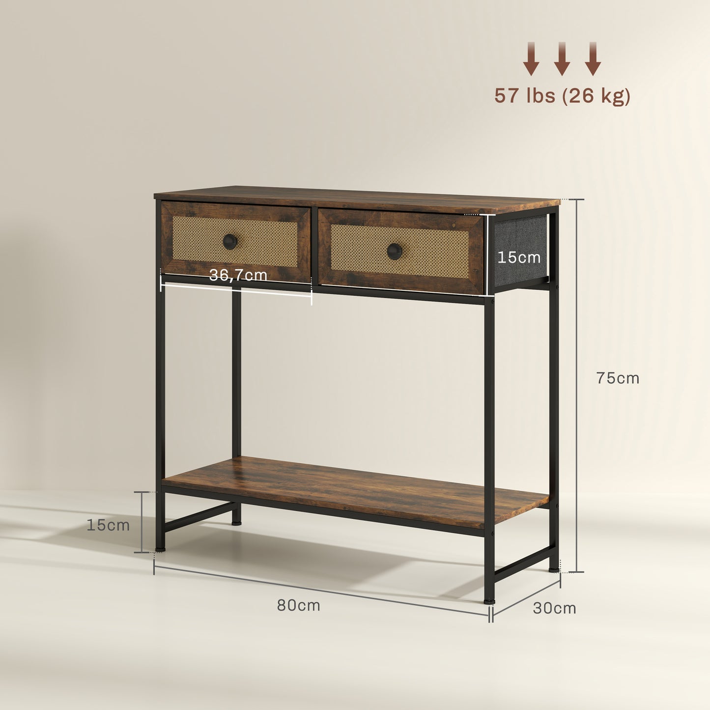 HOMCOM Mesa Consola Mueble para Recibidor con Estante Abierto y 2 Cajones Frontales de Ratán Consola para Recibidor Entrada Pasillo 80x30x75 cm Marrón Rústico