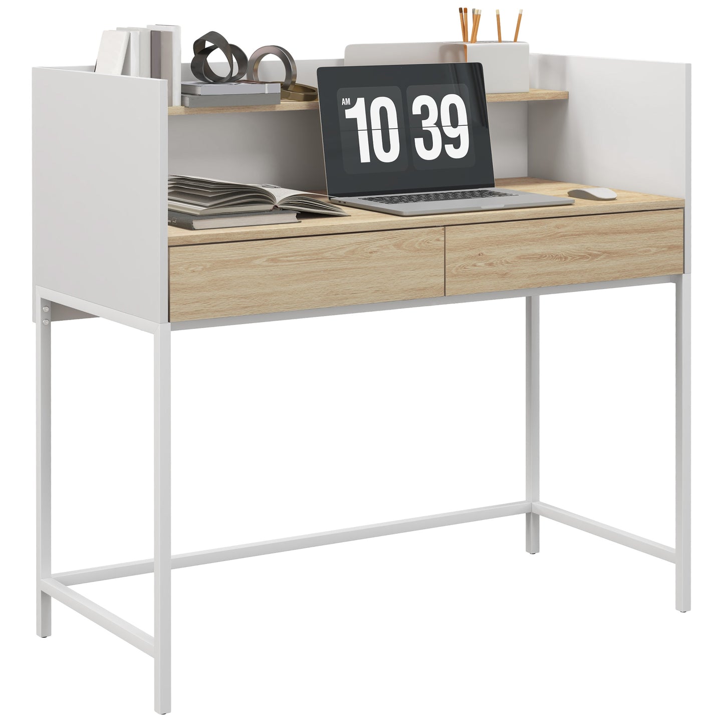 HOMCOM Escritorio Moderno Mesa de Escritorio con 2 Cajones y Estante Mesa de Estudio para Oficina Dormitorio 106x51,5x102,5 cm Blanco y Roble