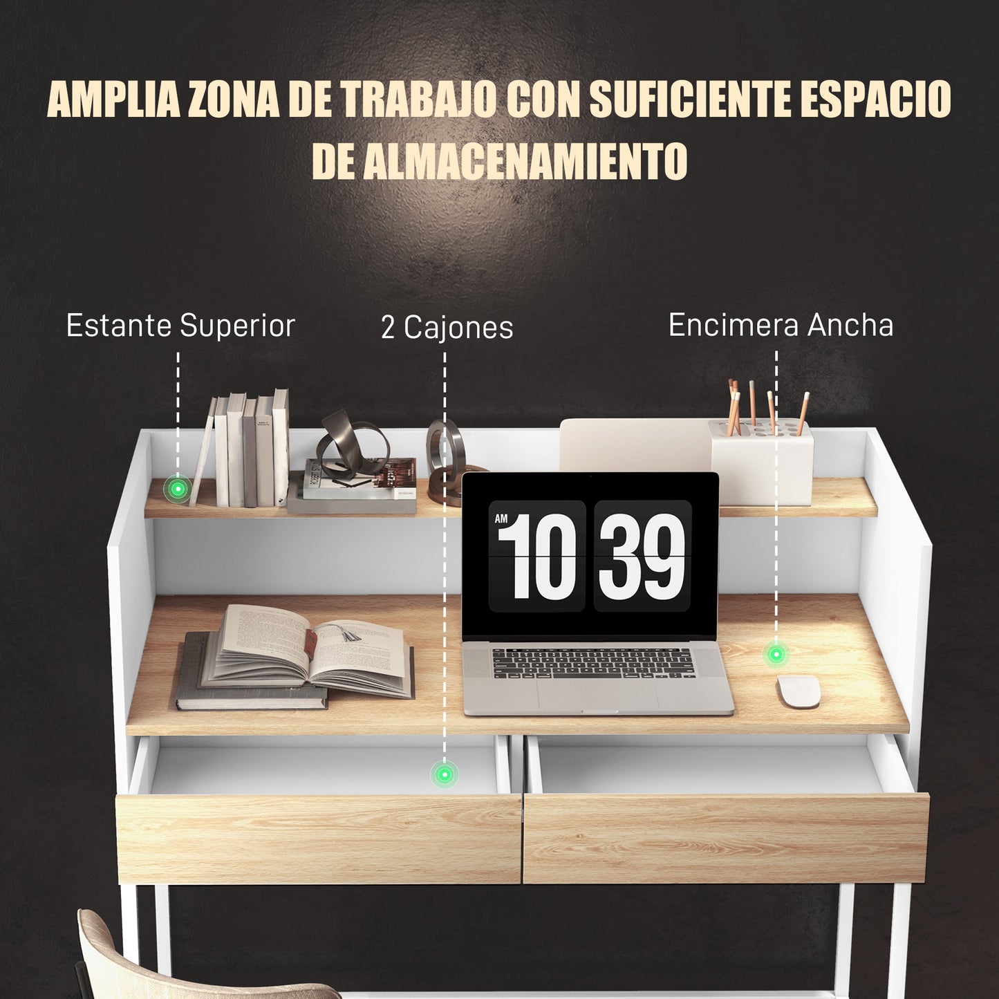 HOMCOM Escritorio Moderno Mesa de Escritorio con 2 Cajones y Estante Mesa de Estudio para Oficina Dormitorio 106x51,5x102,5 cm Blanco y Roble