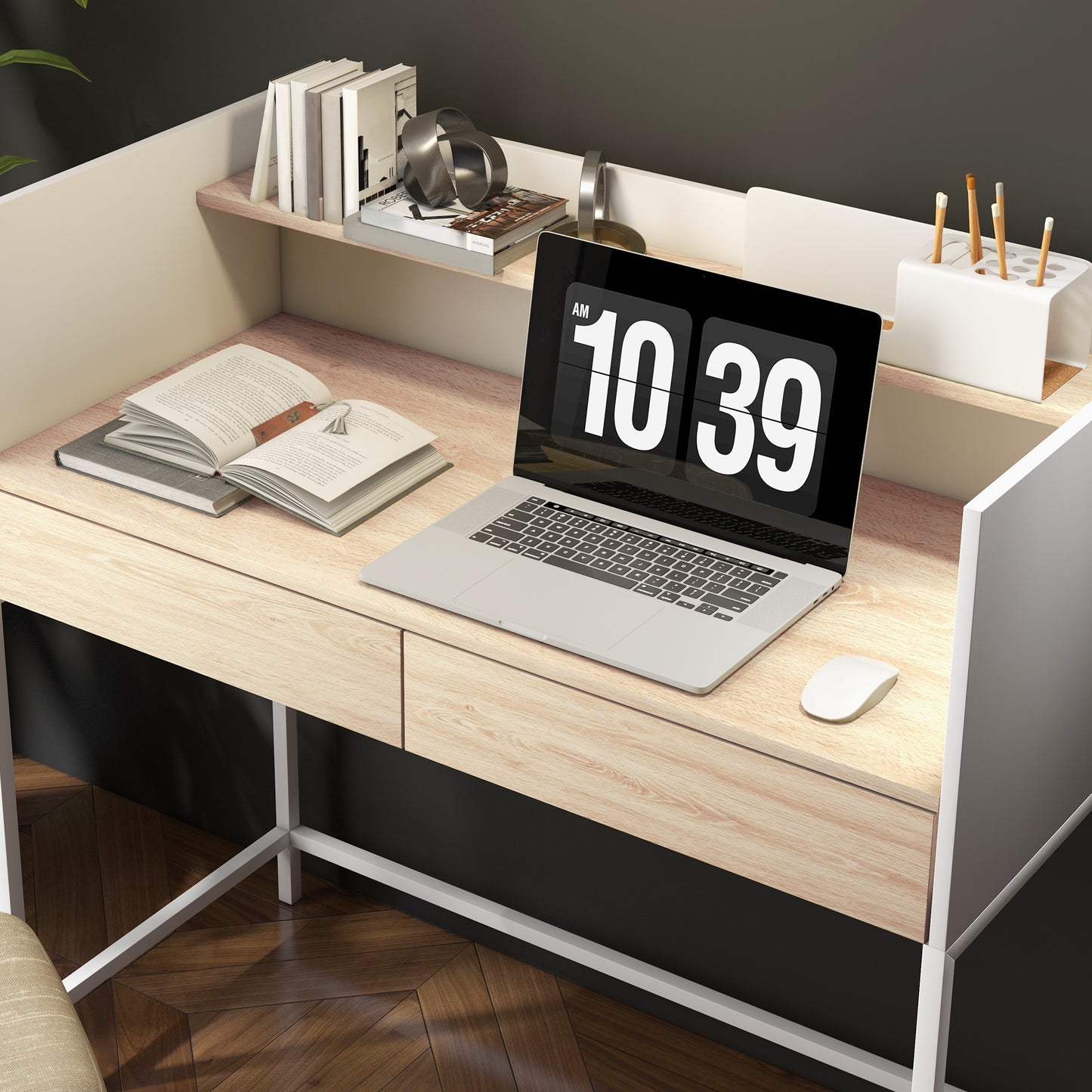 HOMCOM Escritorio Moderno Mesa de Escritorio con 2 Cajones y Estante Mesa de Estudio para Oficina Dormitorio 106x51,5x102,5 cm Blanco y Roble