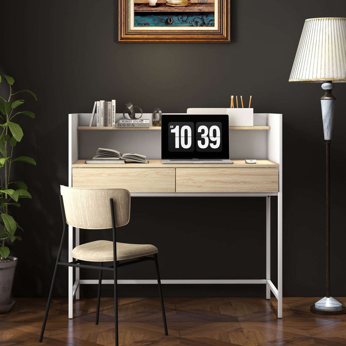 HOMCOM Escritorio Moderno Mesa de Escritorio con 2 Cajones y Estante Mesa de Estudio para Oficina Dormitorio 106x51,5x102,5 cm Blanco y Roble