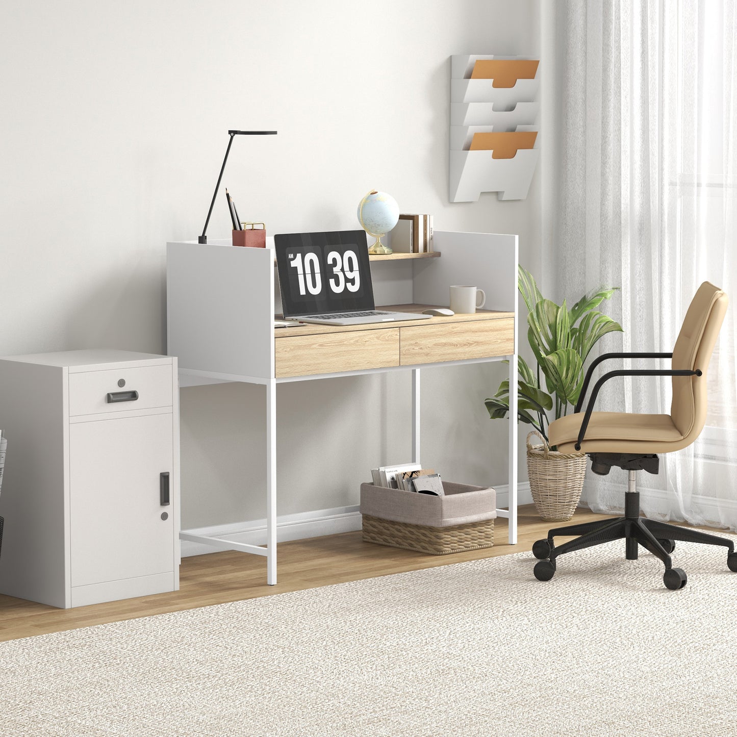 HOMCOM Escritorio Moderno Mesa de Escritorio con 2 Cajones y Estante Mesa de Estudio para Oficina Dormitorio 106x51,5x102,5 cm Blanco y Roble