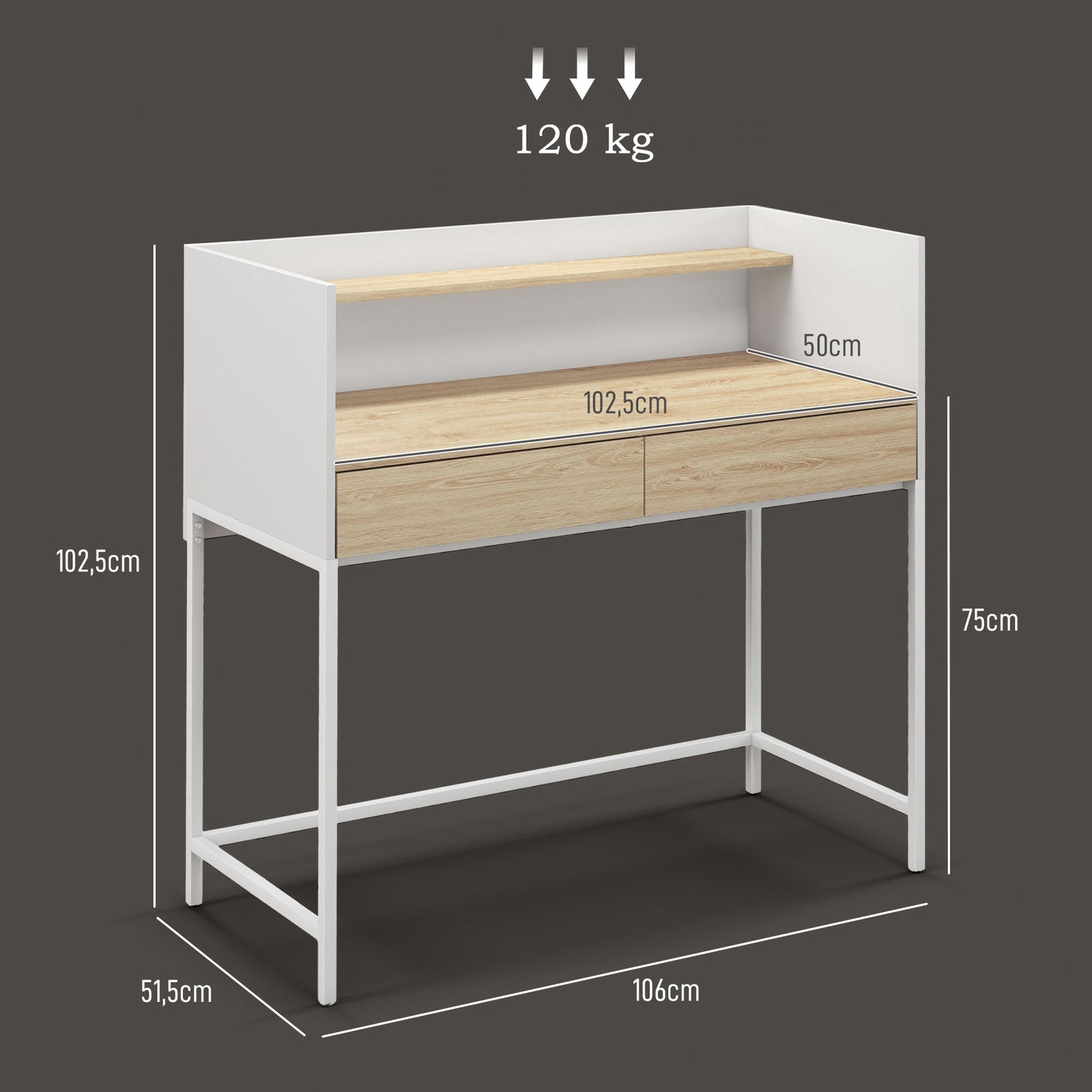 HOMCOM Escritorio Moderno Mesa de Escritorio con 2 Cajones y Estante Mesa de Estudio para Oficina Dormitorio 106x51,5x102,5 cm Blanco y Roble