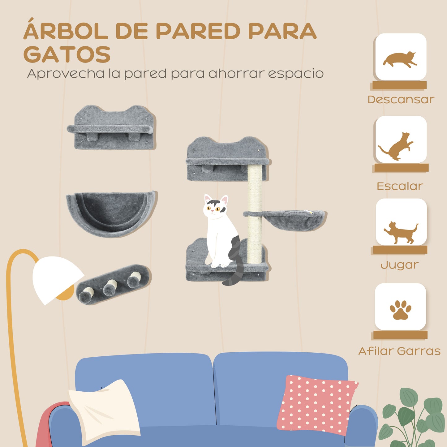 PawHut Estante de Escalada para Gatos de Pared Juego de Estantes para Gatos 4 Piezas con Hamaca Nido Rascador Plataformas para Saltar y Poste de Sisal Gris