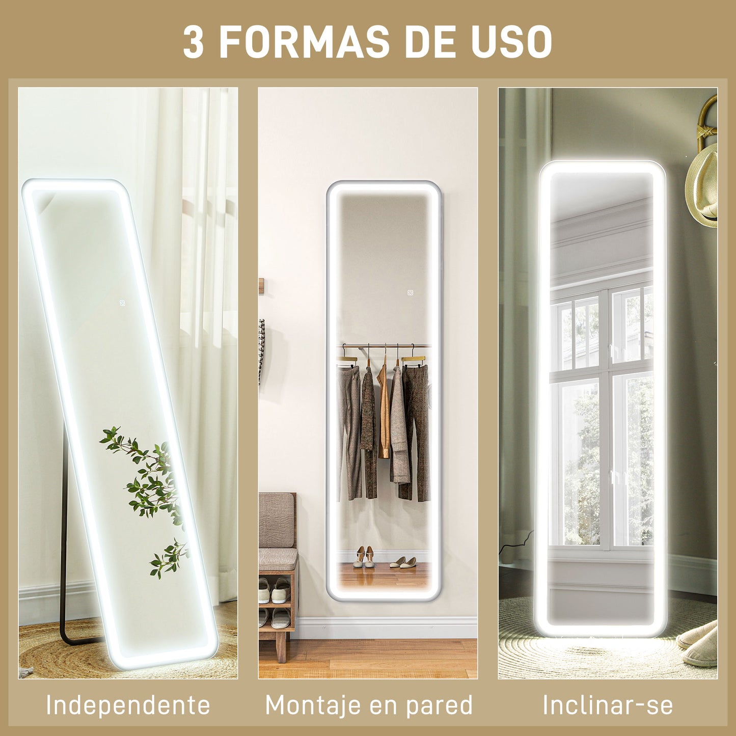 HOMCOM Espejo de Cuerpo Entero con Luz LED 150x40 cm Espejo de Pie o de Pared sin Marco con Iluminación de 3 Colores Función de Memoria y Táctil Inteligente para Salón Dormitorio Negro